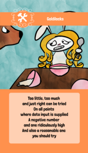 Picture of a card called Goldilocks from the "Would heu-risk it?" card deck: https://www.pejgan.se/wouldheu-riskit.html