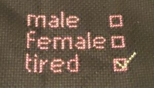 Picture of cross-stitch saying Male, female, tired - with check-boxes. Tired is checked