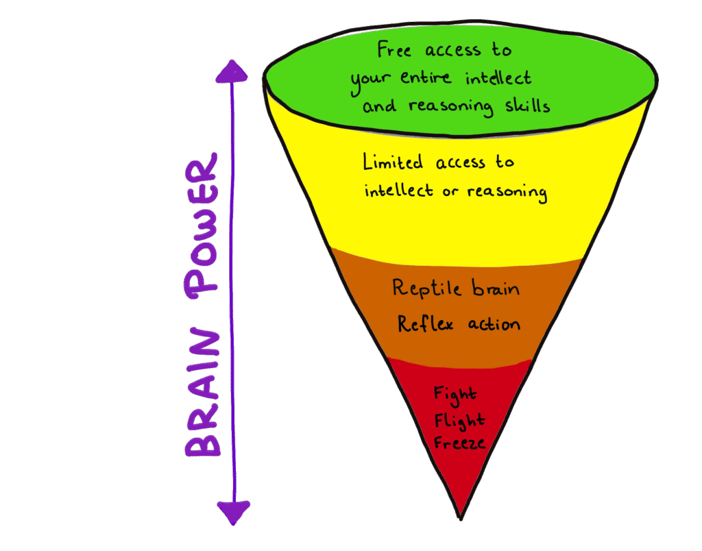 Picture of a cone with an arrow showing brain power going down the further into the cone you go.
On top you have free access to intellect and reasoning, one step down limited access, one step more gets you into reptile brain and in the bottom you have fight or flight